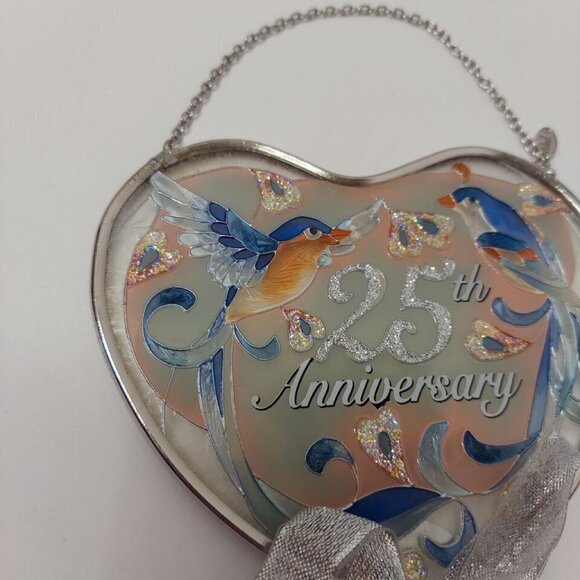 Vintage AMIA 25th Anniversary Stained Glass Sun Catcher Birds Hearts Silver Key - Picture 8 of 9